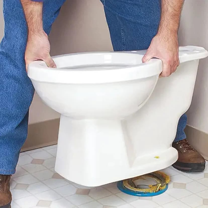 Placing a new toilet bowl onto a fresh wax ring seal during a toilet replacement in Southeast Michigan